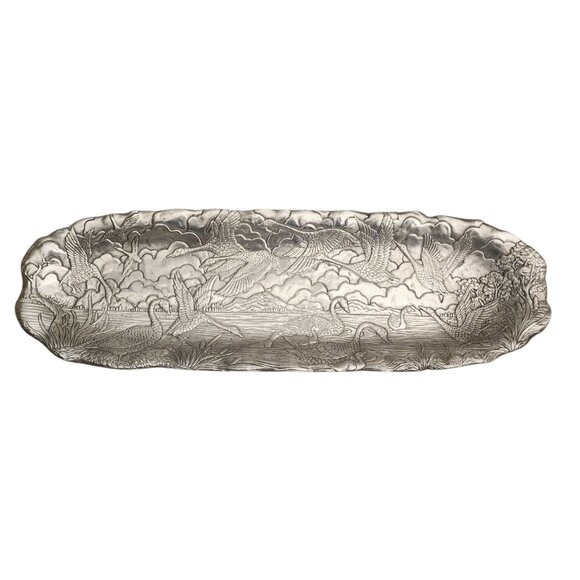 Vintage 1988 Arthur Court Silver Aluminum Geese Lake Tray Platter Size 19” - Picture 1 of 7